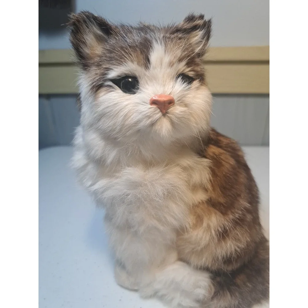 Real Fur Kitty Cat Calico Realistic‎ Vtg Tri-Color Sitting 7.5